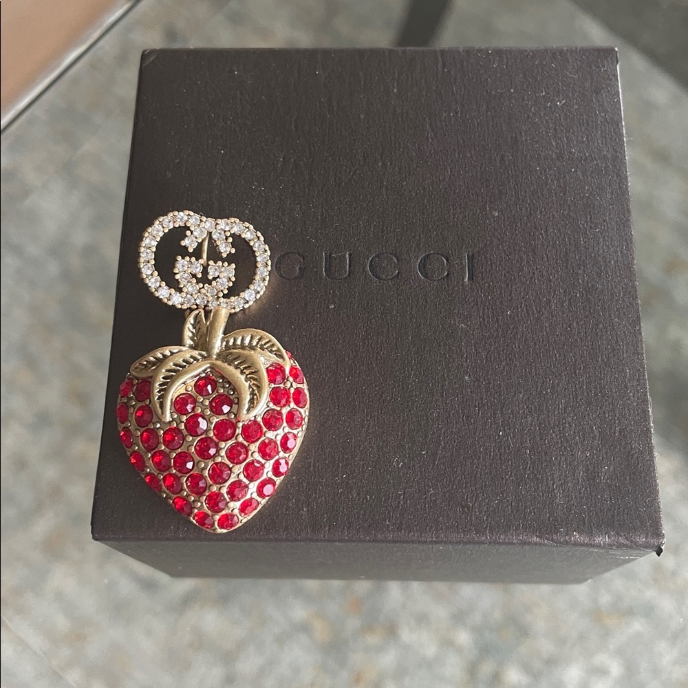Gucci authentic rare vintage strawberry with clear crystals Pendant.